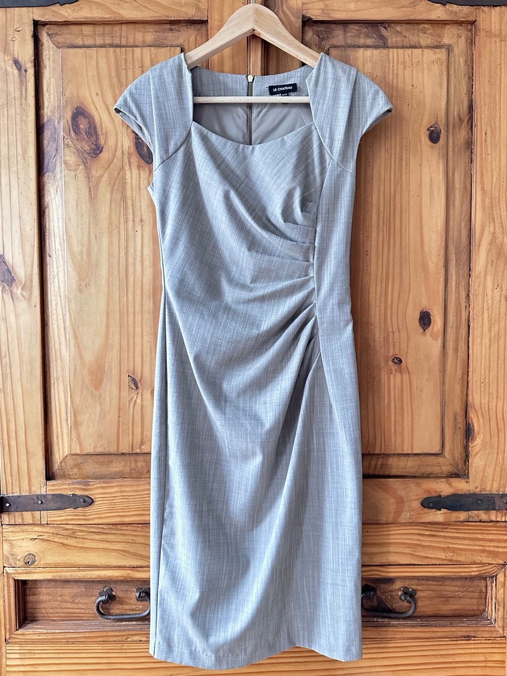 Vintage Y2K Le Chateau Cocktail Dress Queen Anne Fitted Midi Greige Taupe XS